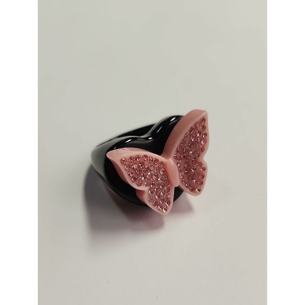 Sparklemuse Acrylic Crystal Butterfly Heart Ring Pink Black Size 8.5